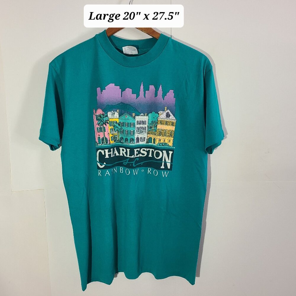 Vintage 80s Charleston SC South Carolina Rainbow Row Green Large T-Shirt MadeUSA